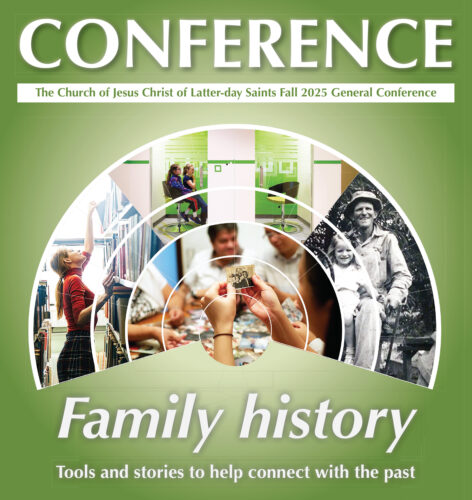 A selection of photos are shown atop a family fan chart, one of the tools to explore one’s family history.